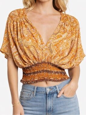 Rachel Zoe Paisley Smocked Deep V Crop Top Orange Size Medium